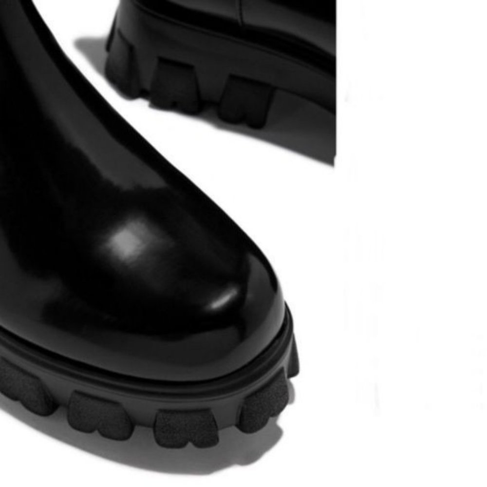 Black Patent Pull On Chelsea Lug Sole Boots - Picture 3 of 6